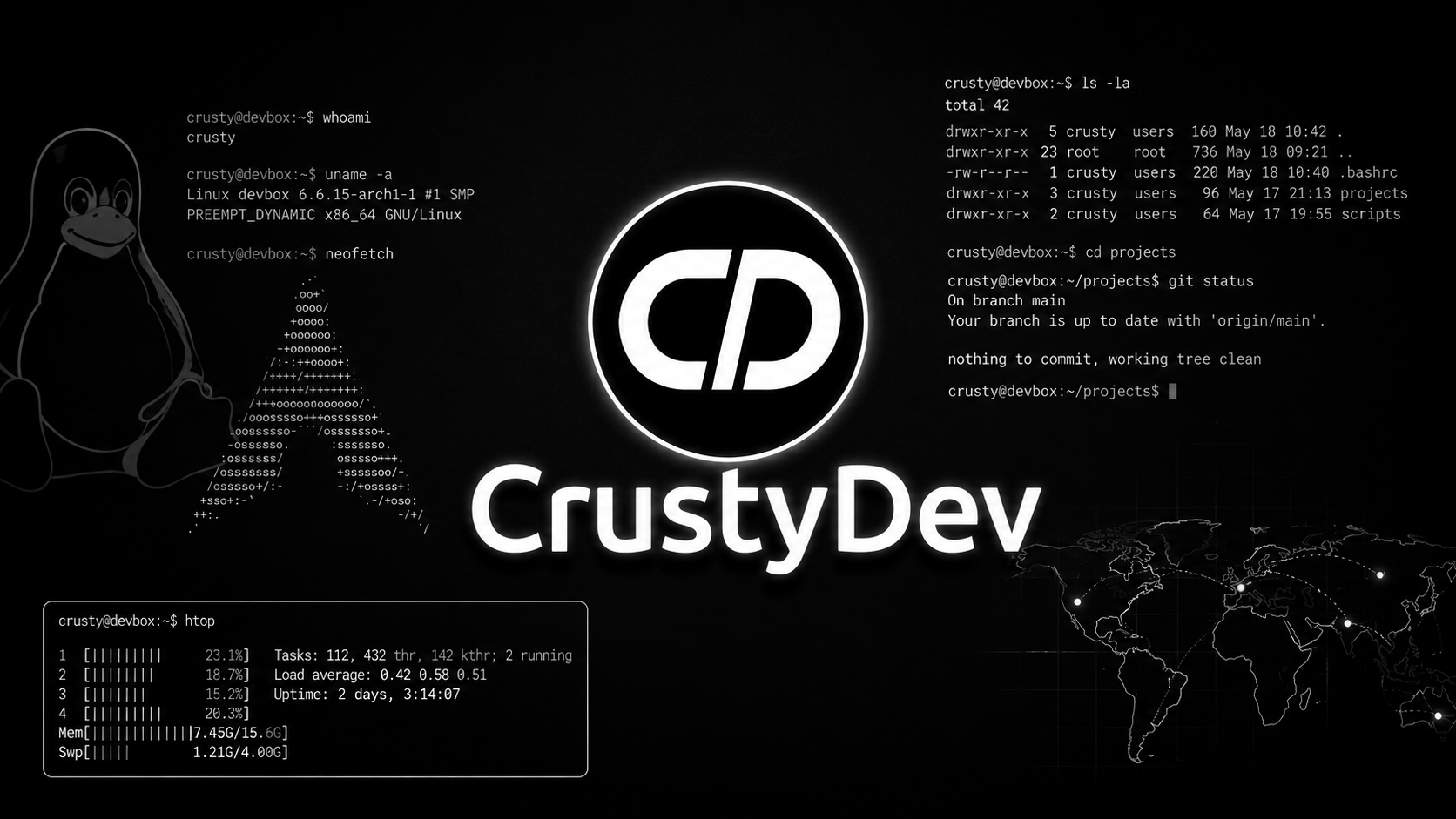 CrustyDev Linux terminal banner